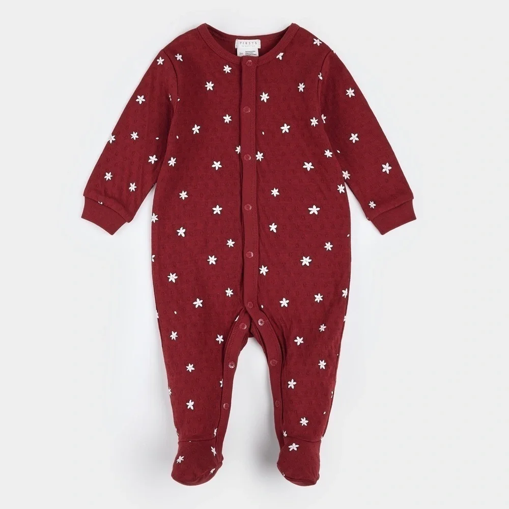 NWT Firsts by Petit Lem Newborn Baby Poinsettia Print Burgundy Pointelle Sleeper
